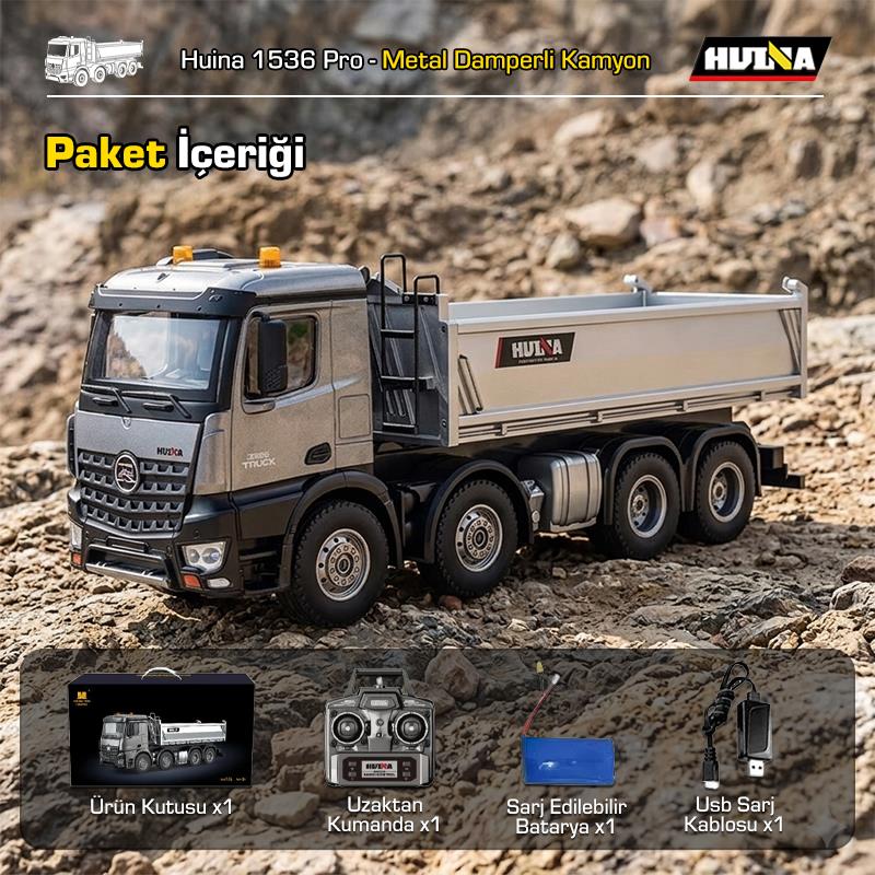RC Şantiye | HUINA 1536 PRO 1/14 8x4 13CH Metal Damperli RC Kamyon Profesyonel İş Makinesi