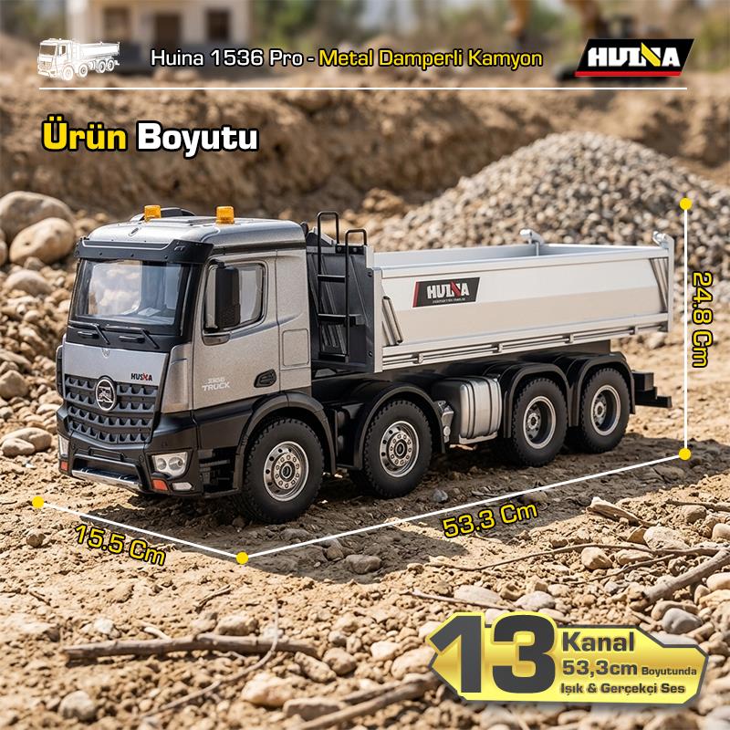 RC Şantiye | HUINA 1536 PRO 1/14 8x4 13CH Metal Damperli RC Kamyon Profesyonel İş Makinesi