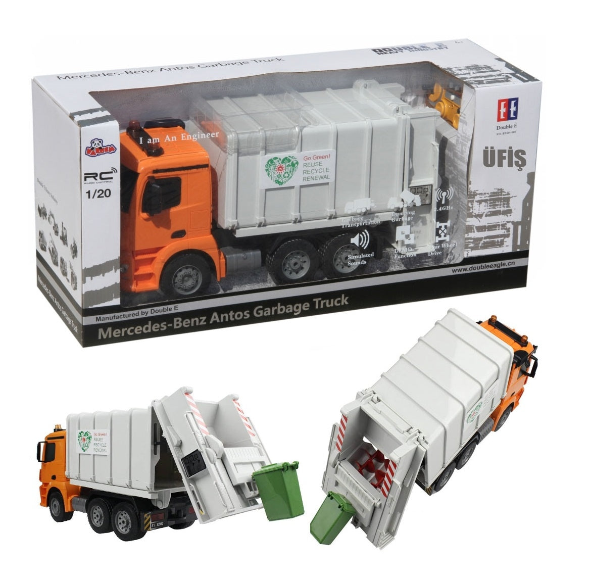 RC Şantiye - 1:20 Uzaktan Kumandalı Şarjlı Ful Fonksiyon Mercedes Benz Antos Çöp Kamyonu